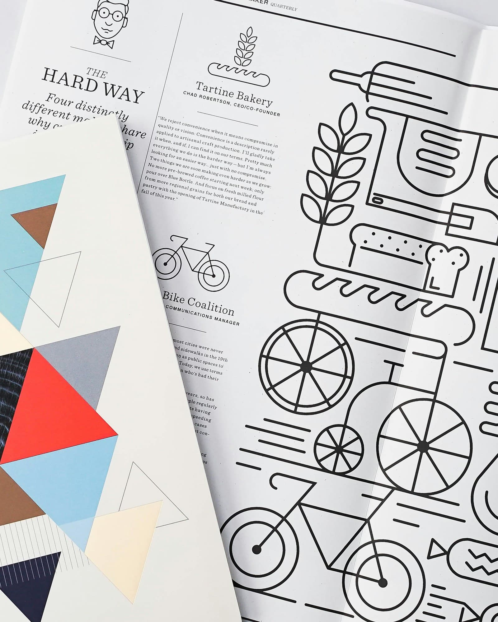 Een grafisch ontwerpboek met illustraties en kleurvlakken