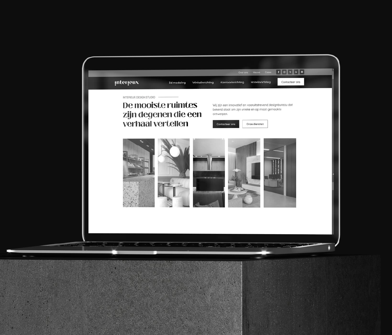 Monochroom websiteontwerp voor Interieux met interieurprojecten.