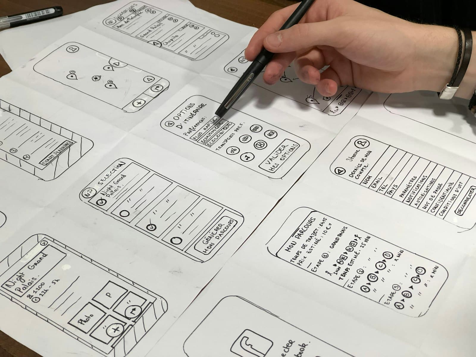Une designer esquisse des écrans et parcours sur papier